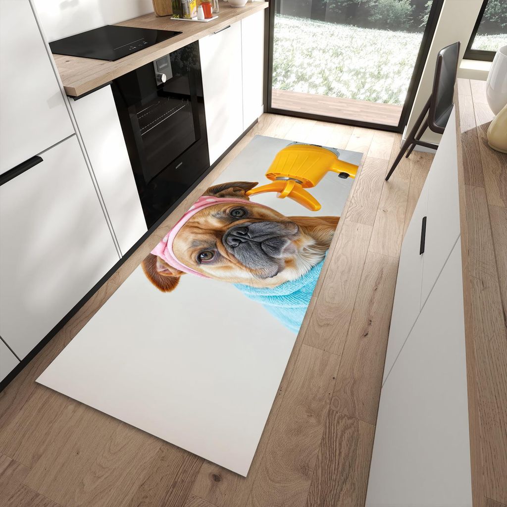 Küchenteppich 90x240cm rutschfest & abwischbar PVC Läufer - Hund mit Badehandtuch