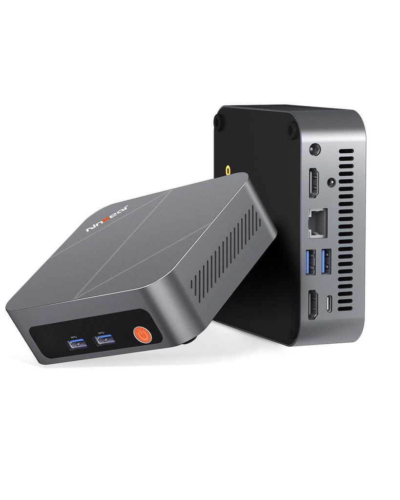 Two mini-PCs are shown against a white background. One is angled towards the viewer, showing its front and side. The other is upright, showing its back and side with ports.