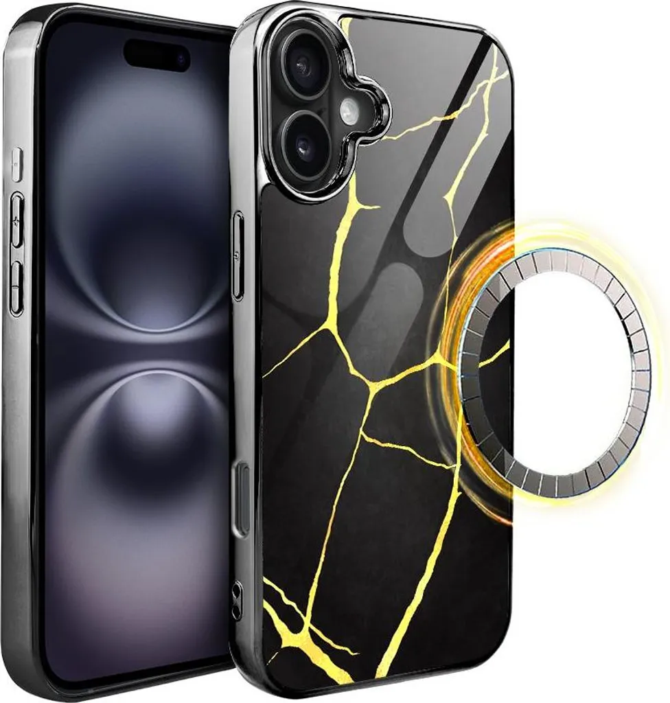 iPhone 16 Custodia in vetro IBIZU Elite con MagSafe, Kintsugi, porcellana nera, nero