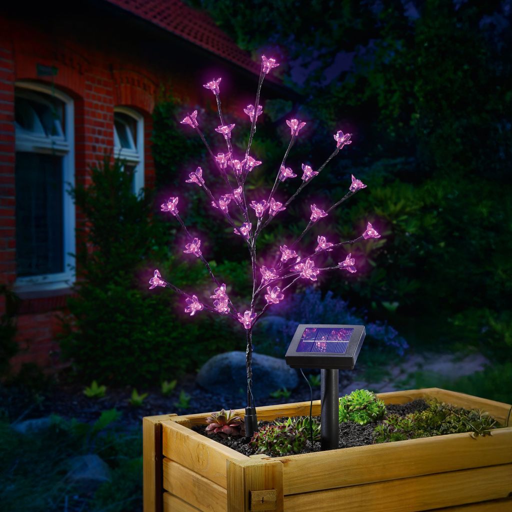 A pink LED blossom tree with a solar panel is planted in a wooden planter box next to a brick house at night.