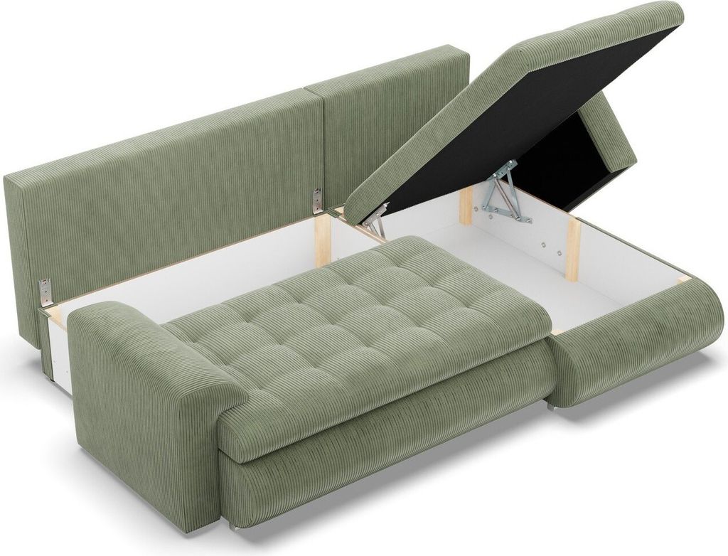 A green sectional sofa with storage compartments open, showing the interior.