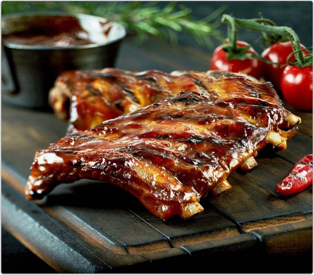 Spritzschutz Herdabdeckplatte Schneidebrett aus Glas Rippchen gegrillt 1-Teilig (60x52cm)