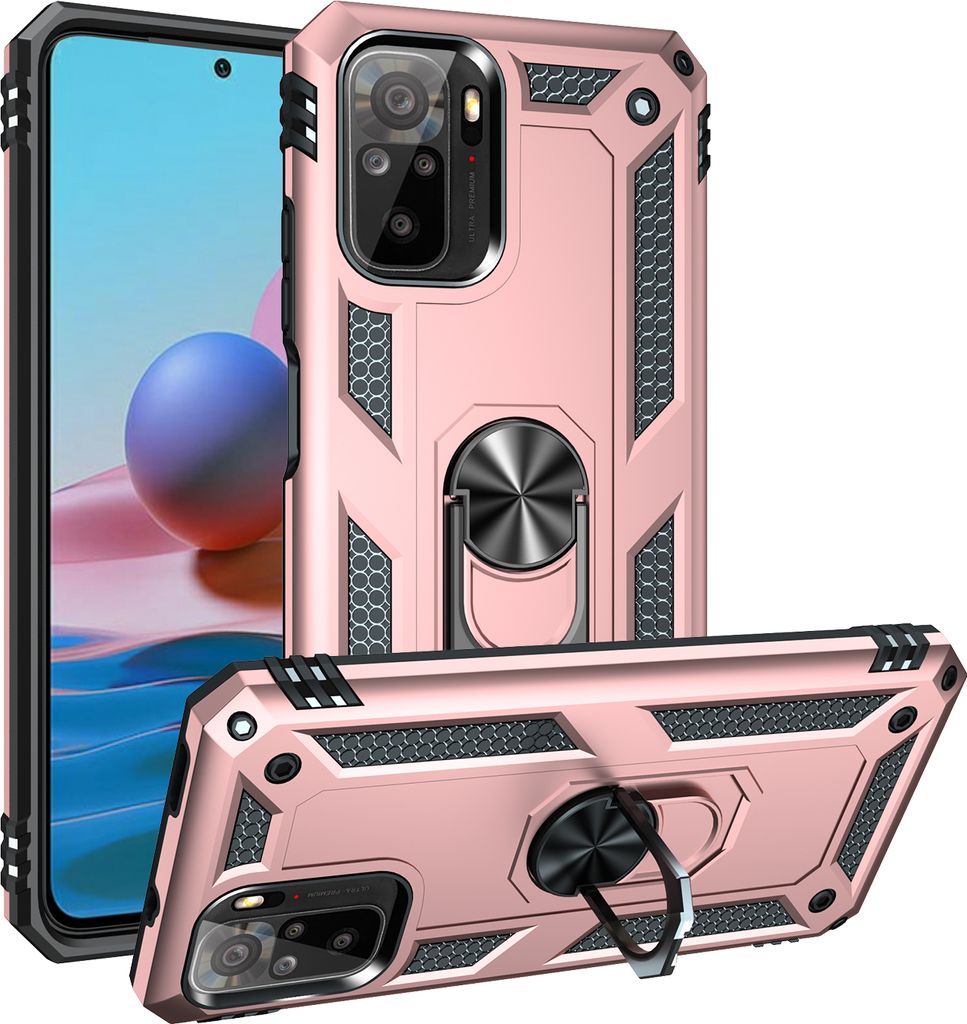 LaimTop Schutzhülle für Xiaomi Redmi Note 10 4G/Note 10S, Dual Layer Robust Militäre Fallschutz Hülle mit Ringhalterung Ständer Roségold