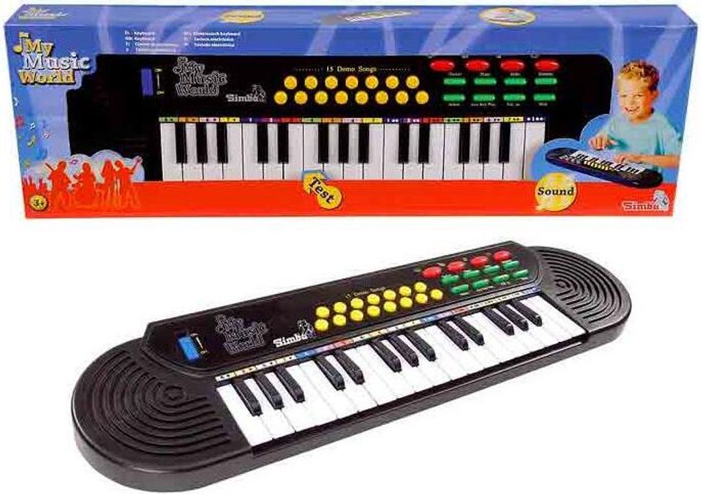 A product shot of a toy keyboard and its packaging.
