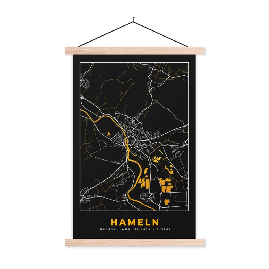 MuchoWow Textilposter Deutschland - Schwarz und Gold - Hameln - Stadtplan - Karte 60x90 cm mit holzfarbenen Rahmen - Textil