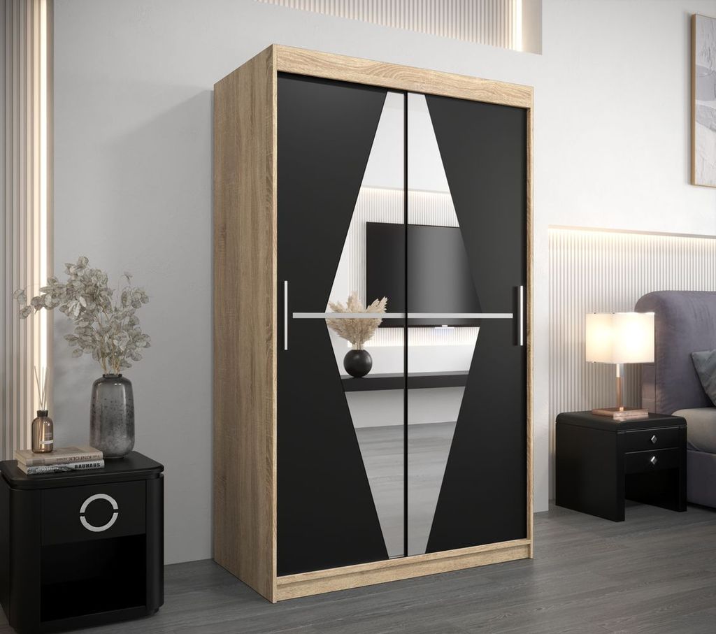 Kleiderschrank mit Spiegel KAMILA – Breite 120 cm, Sonoma-Eiche / Schwarz