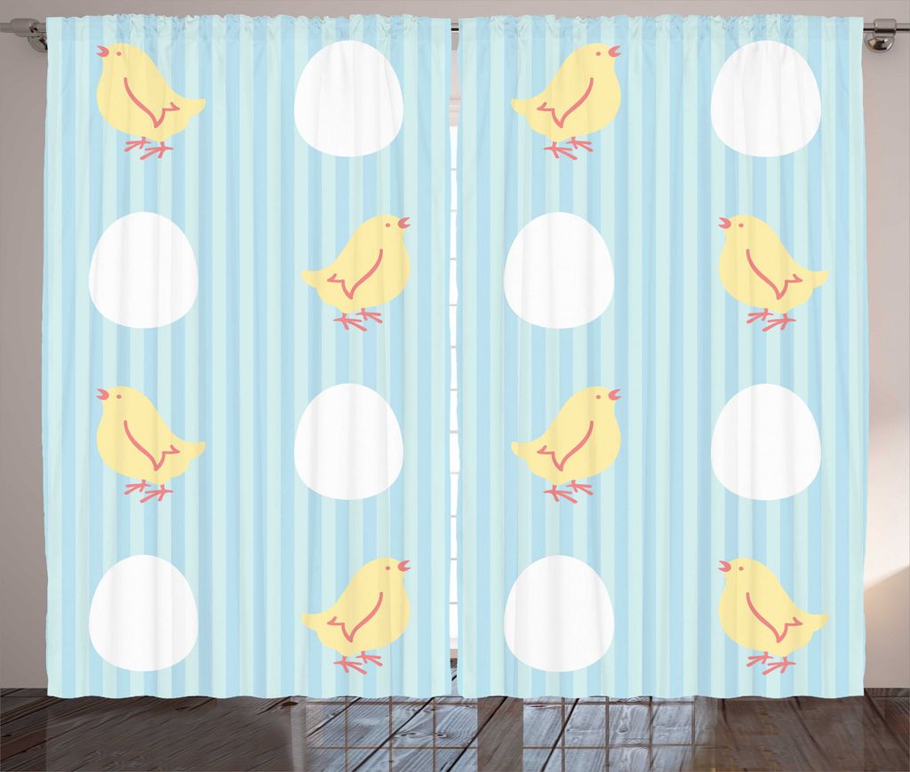 ABAKUHAUS Chicks Rustikaler Gardine, Baby-Tier und Eier Stripes, Wohnzimmer Universalband Gardinen mit Schlaufen und Haken, 280 x 225 cm, Blassgelb...