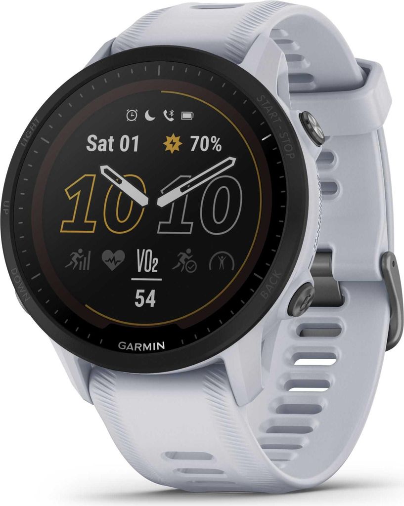 A white Garmin Forerunner 955 Solar smartwatch with a black bezel and screen.
