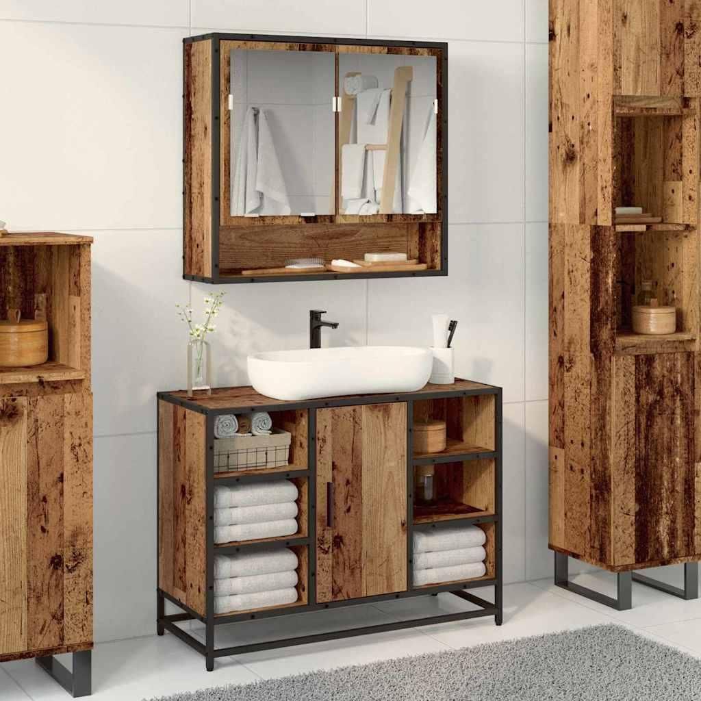 HOMMIE Wandregal - Badezimmer-Spiege/Badezimmermöbel- modernes Design - mit Regal Wandmontiert Altholz 65x20x60cm DE850614 - Badezimmerschränke