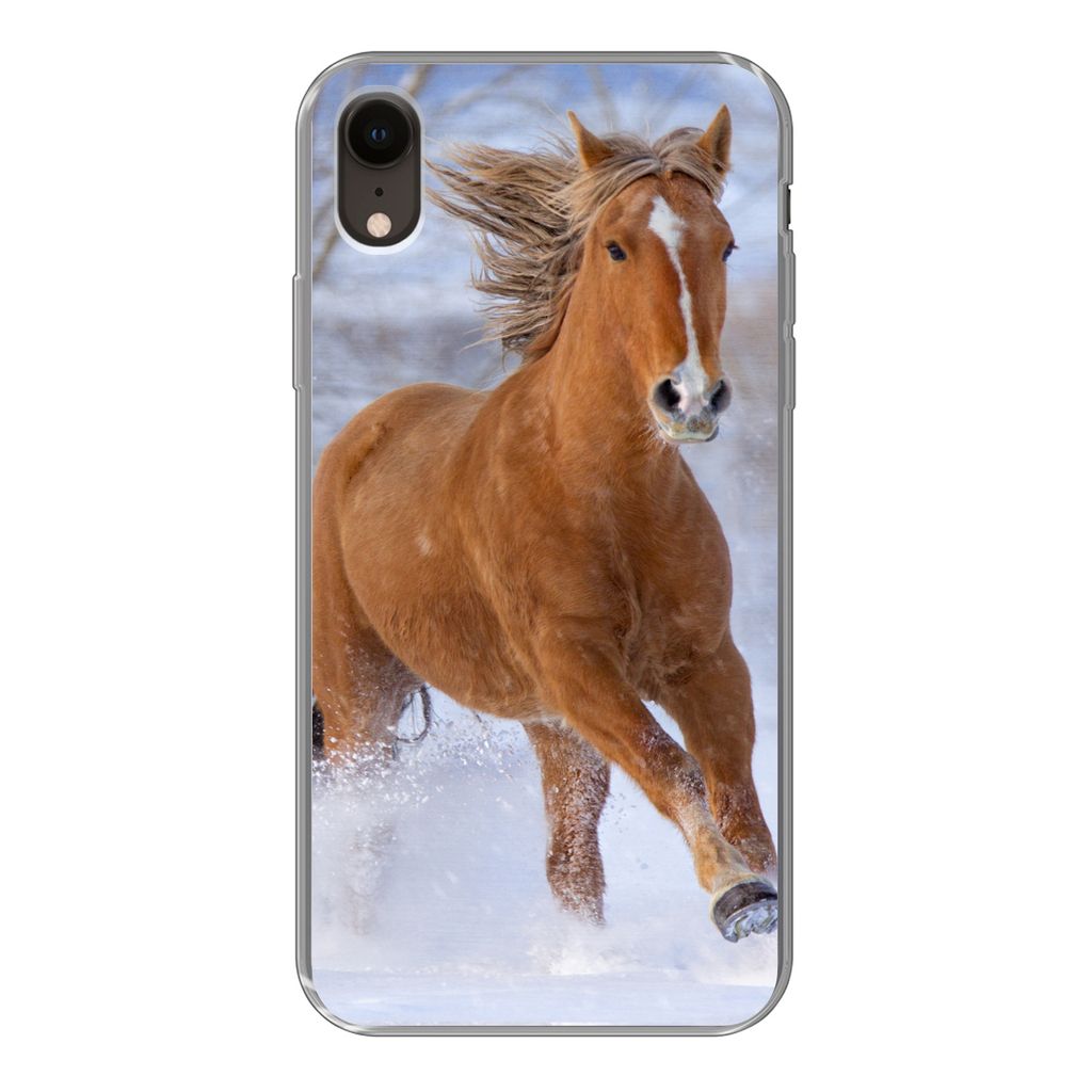 MuchoWow Handyhülle Schutzhülle Hülle für iPhone XR Pferd - Schnee - Braun Silikon Softcase Handy Hülle - Schutzdeckel