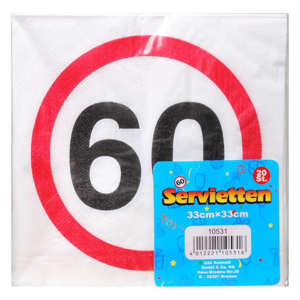 20 St. Geburtstag Papier Serviette Verkehrsschild 60 Jahre Party Deko