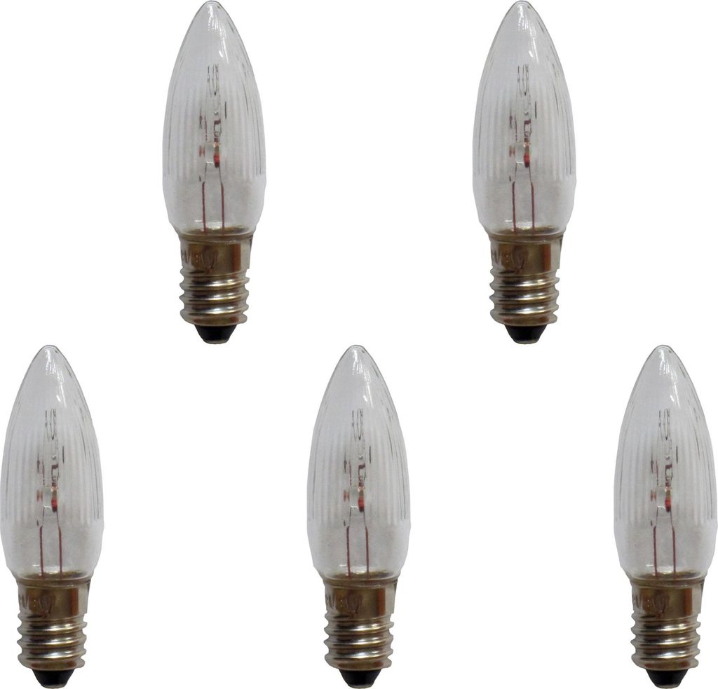 Five clear candle-shaped light bulbs with silver bases are arranged in a scattered pattern against a white background.
