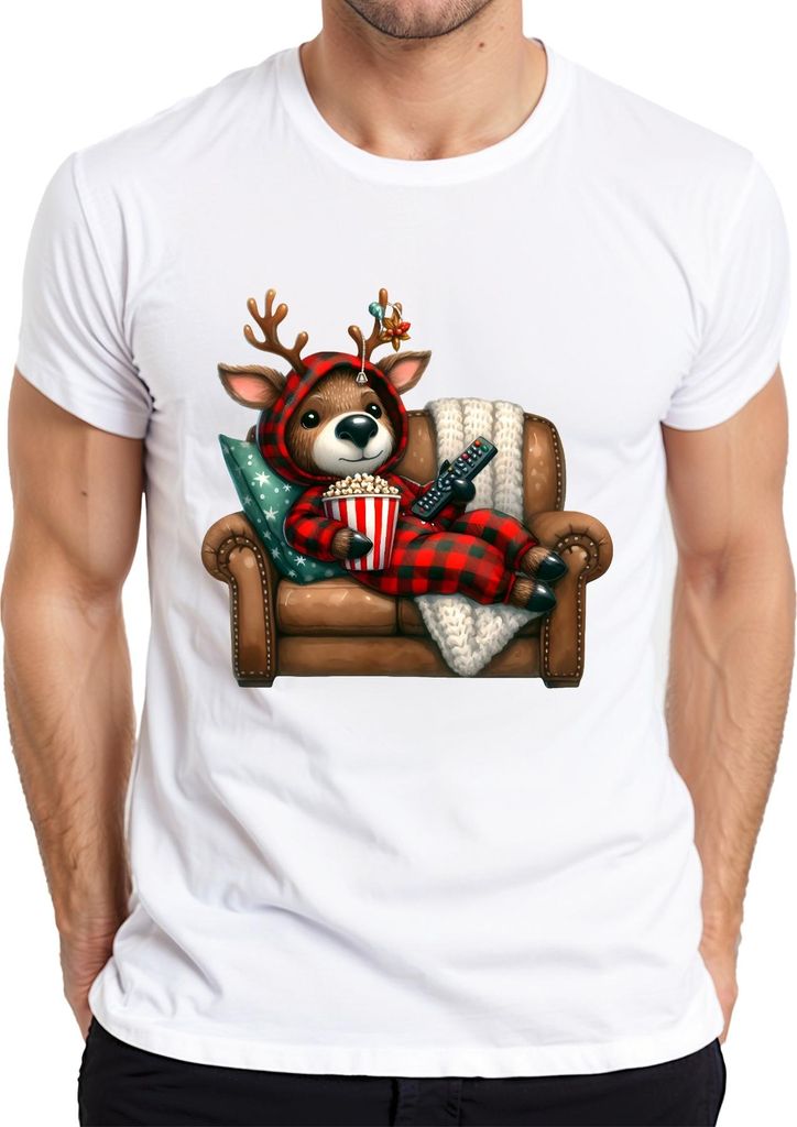 Weihnachtsrentier Kuschelig Popcorn Sofa Filmabend Geschenk Herren T-Shirt, Weiß, XXL