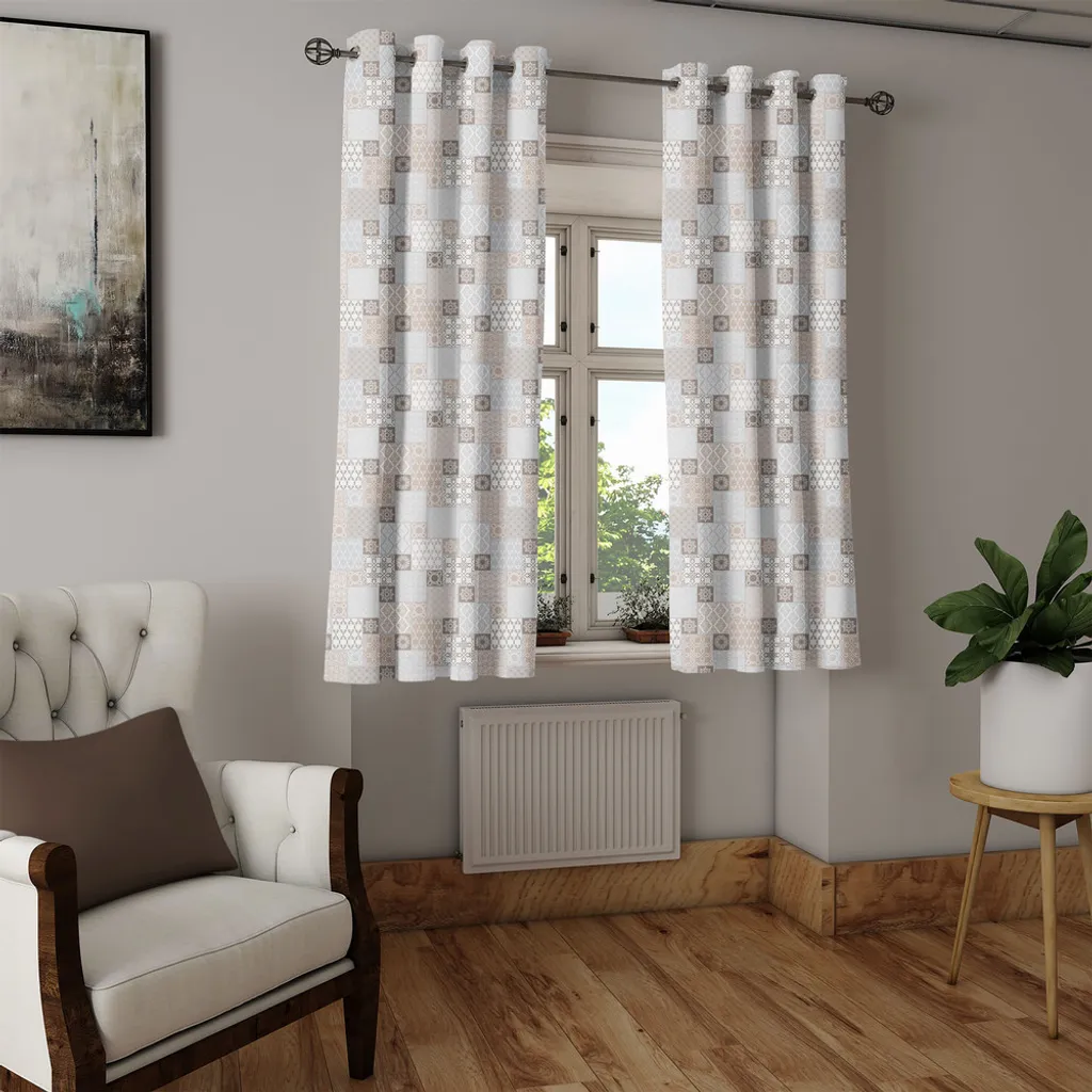 Rideau style patchwork oriental gris taupe 280x175 cm à œillets solides