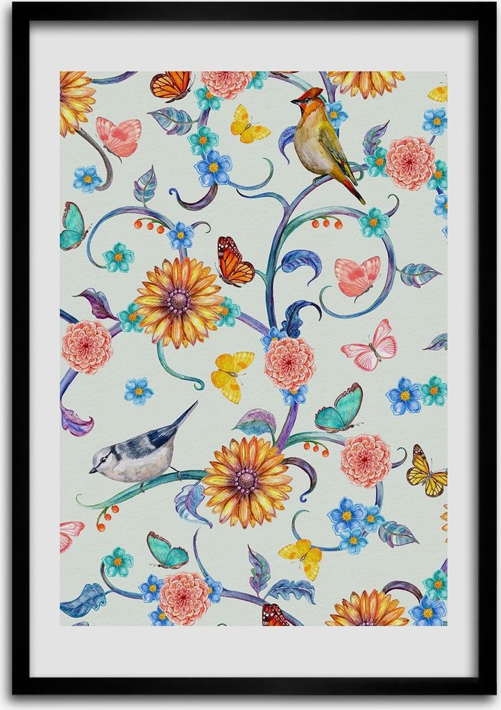 Bild - Bilderrahmen - 50 cm x 70 cm - MDF - Rahmen - Wandkunst Vögel Schmetterlinge Blumen