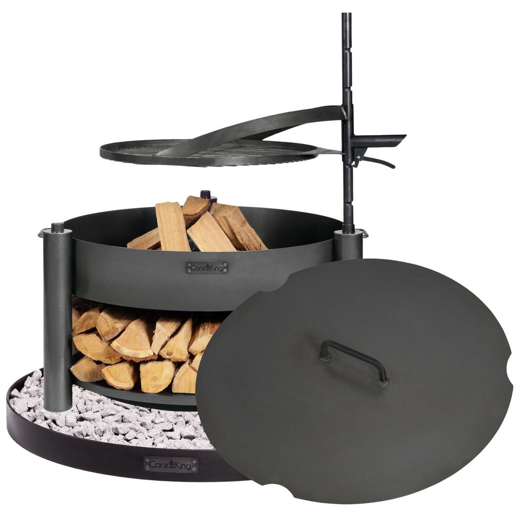 SET: Multifunktionale Feuerschale MONTANA 80 cm mit Grillrost 60 cm, Deckel 82,0 cm und runder dekorativer Steinbasis 100 cm