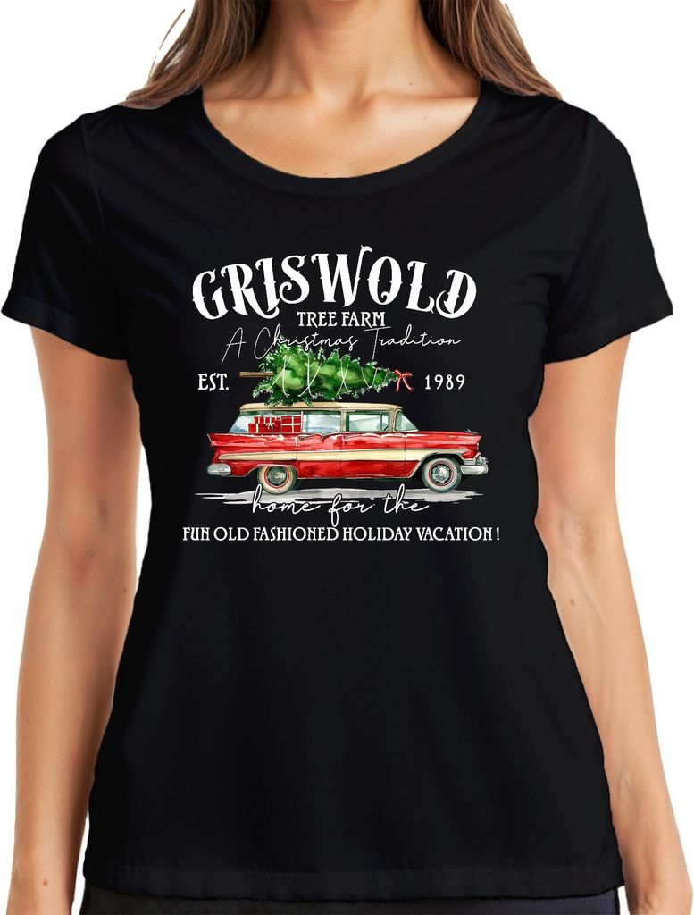 Griswold Tree Farm Christmas Tradition Vintage Car Holiday Damen T-Shirt, Schwarz, M