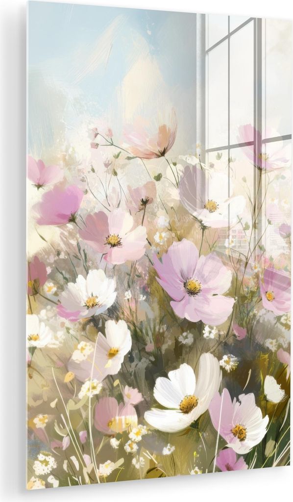 MuchoWow Glasbilder - Bilder auf Wandbild - Foto auf Glas Blumenfeld - Helle Farbtöne - Gemalt 40x60 cm Wanddekoration aus Glas - Acrylglasbild - ...