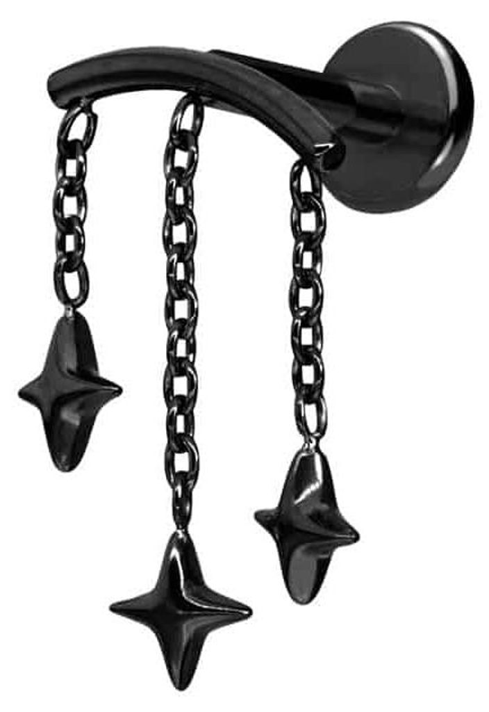 Ohrpiercing, Nasenpiercing Titan Labret mit Push Fit BOGEN + 3 STERNE Schwarz Stablänge: 8mm | Stabstärke: 1,2mm
