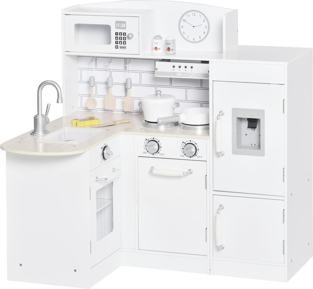 Weiße Spielküche mit elektrischem Wasserspender, 86x64x84,5 cm, 14-tlg. Zubehör