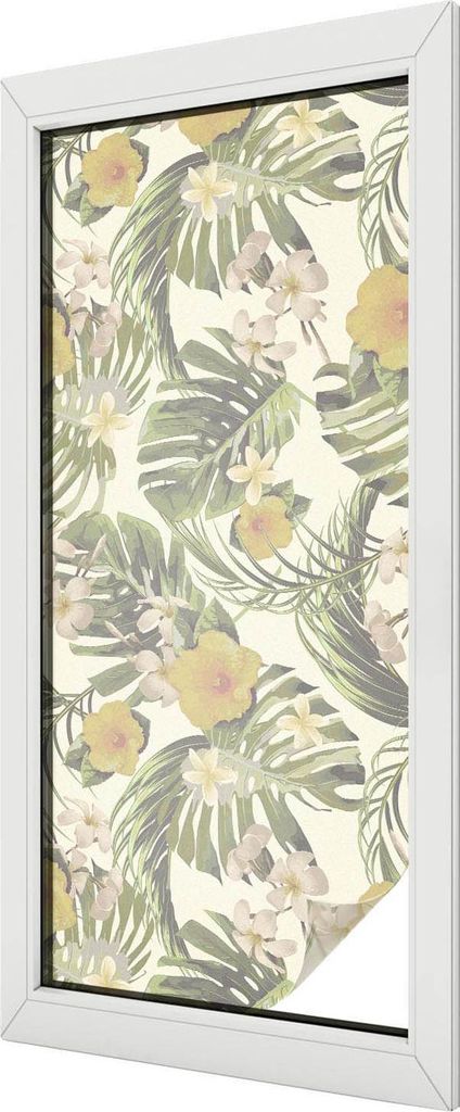 Buntglas Fensterfolie – 116x50 cm – Stained-Glass Design – blickdichte dekorative Sichtschutzfolie – selbstklebend, UV-Schutz – Tropische...