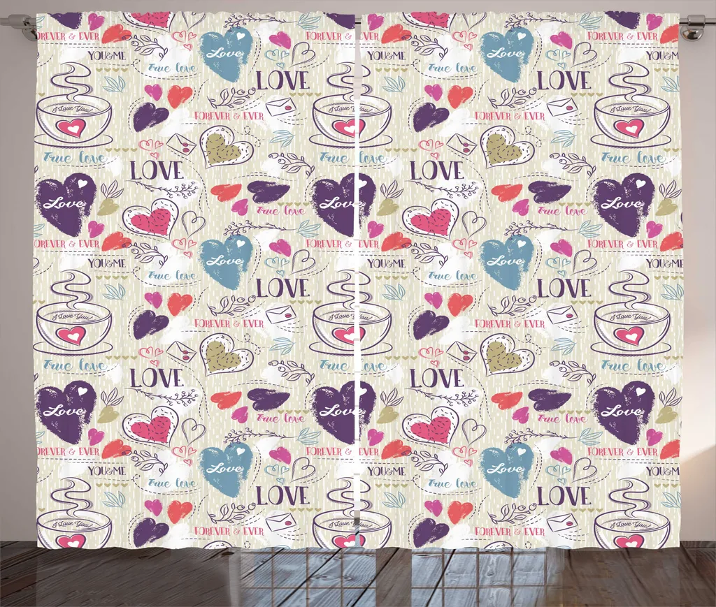 Paire de rideaux rustiques pour chambre avec motifs Saint-Valentin