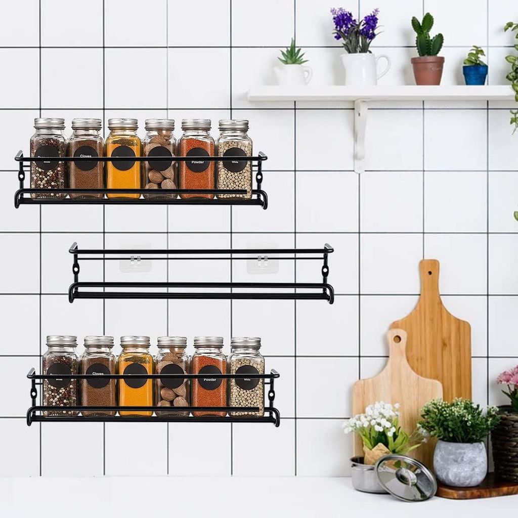 Kräuterregal Wand - hängend schwarzes Metall - Küchenregal ohne Bohren - Gewürzorganizer - Küchenaccessoires - 29 x 65 cm