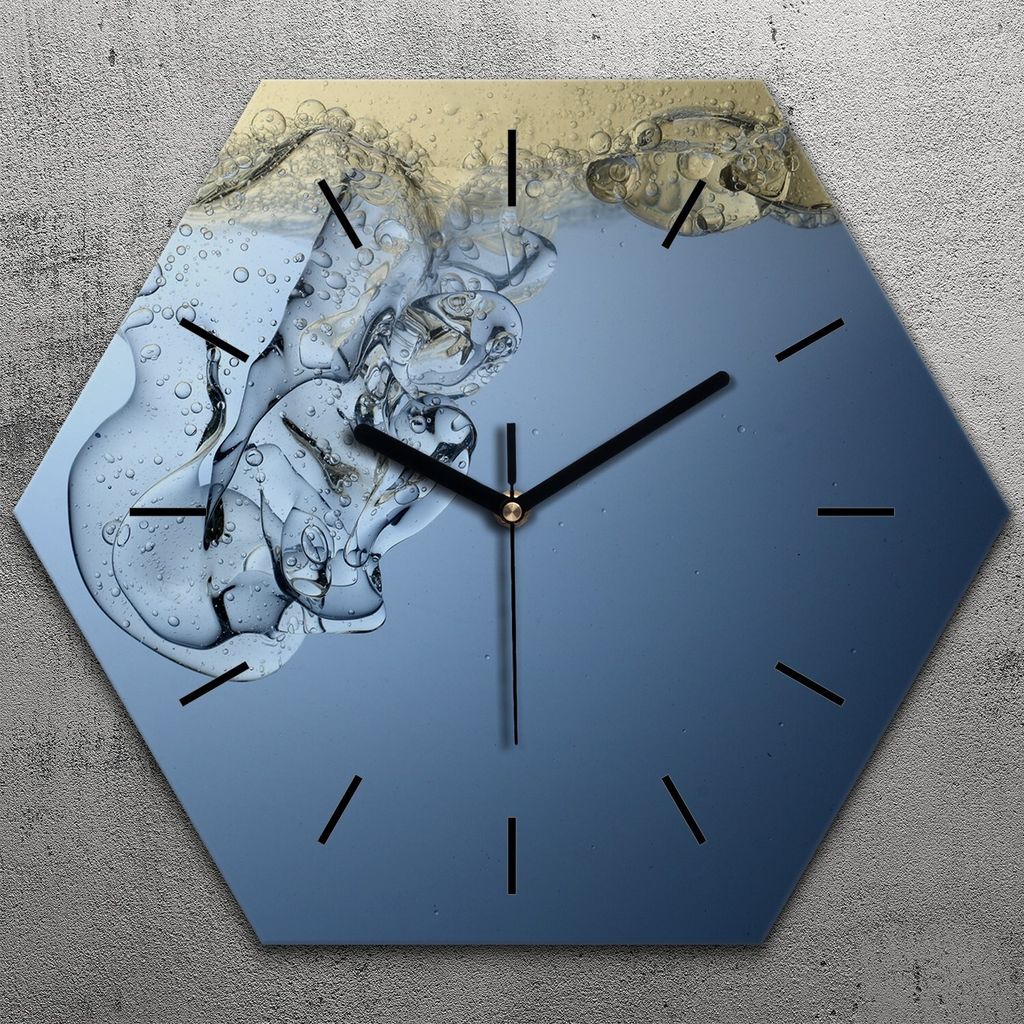 Uhr hexagonal 40 cm Glas Geräuschlos schwarze Zeiger - Öl im Wasser