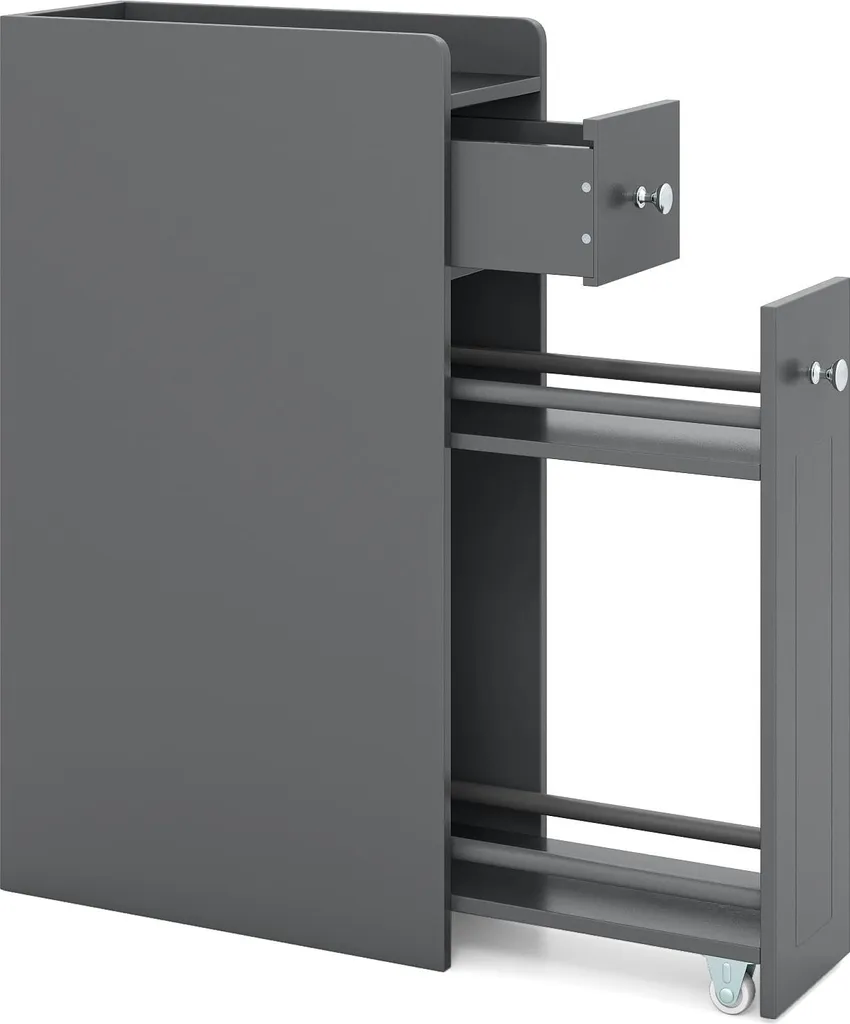 Armoire de salle de bain grise gain de place, tiroirs coulissants 15cm