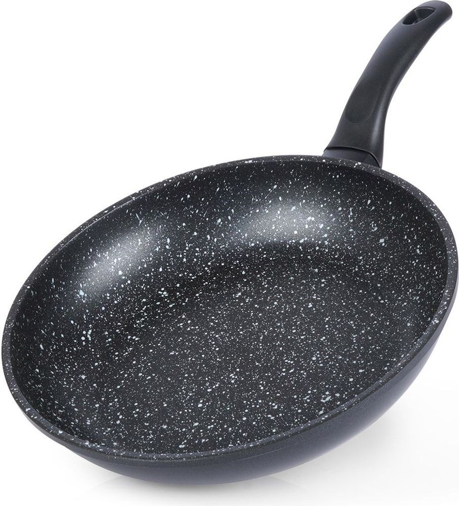 A black frying pan with a speckled pattern and a black handle, shown from a diagonal angle against a white background.