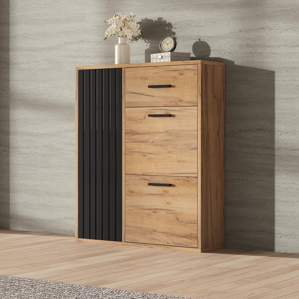 MODFU Schuhschrank mit verstellbaren Einlegeböden,Schuhkipper,Schuhkommode und Schuhregal mit Schubladen und Griffen,Farbkombination Natur,80×24...