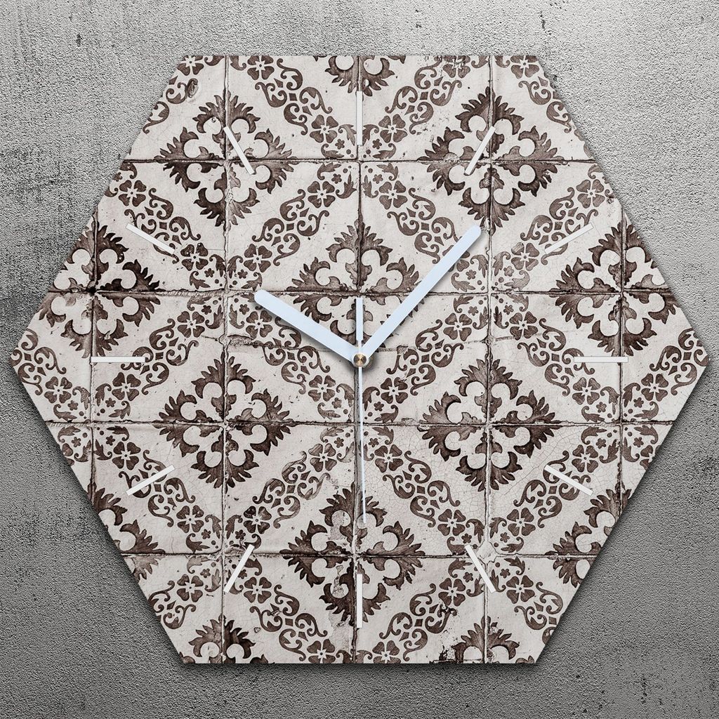 Uhr hexagonal 40 cm Glas Geräuschlos weiße Zeiger - Ornamente Abstrakt