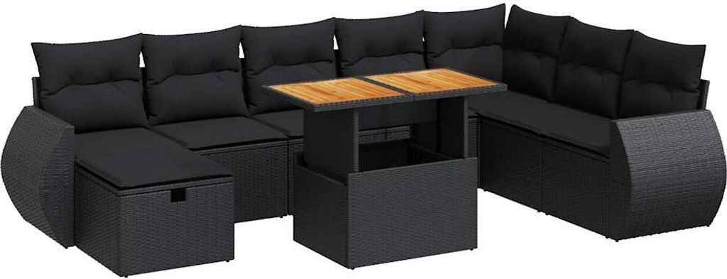 vidaXL 9-tlg. Garten-Sofagarnitur mit Kissen Schwarz Poly Rattan