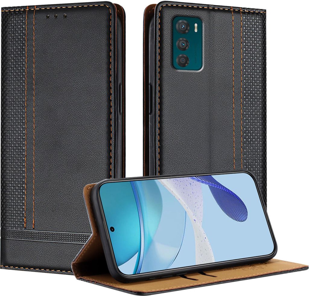 Handyhülle für Motorola Moto G42 Leder Flip Klappbare Schutzhülle mit Standfunktion Schwarz