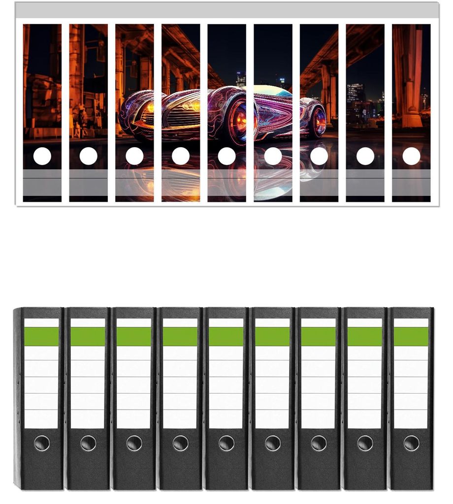 Wallario 9 Stück breite Ordner inkl. Klebeetiketten mit Motive Lichtspiel-Roadster - Set mit Rückenschildern / Ordnerrücken Stickern