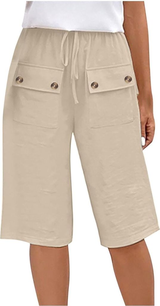 ASKSA Damen Leinen Shorts Sommer Knielang Kurze Hosen mit Taschen Stoffhose Laessig Elastische Taille Strandshorts (Apricot,S)