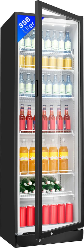 A black glass-door refrigerator filled with various beverages, including bottles and cans.