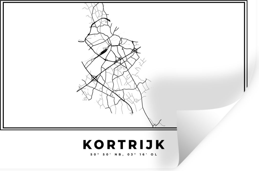MuchoWow Wandtattoo Wandsticker Wandaufkleber Karte - Stadtplan - Kortrijk - Belgien - Schwarz und weiß 120x80 cm Selbstklebend und Repositionie...