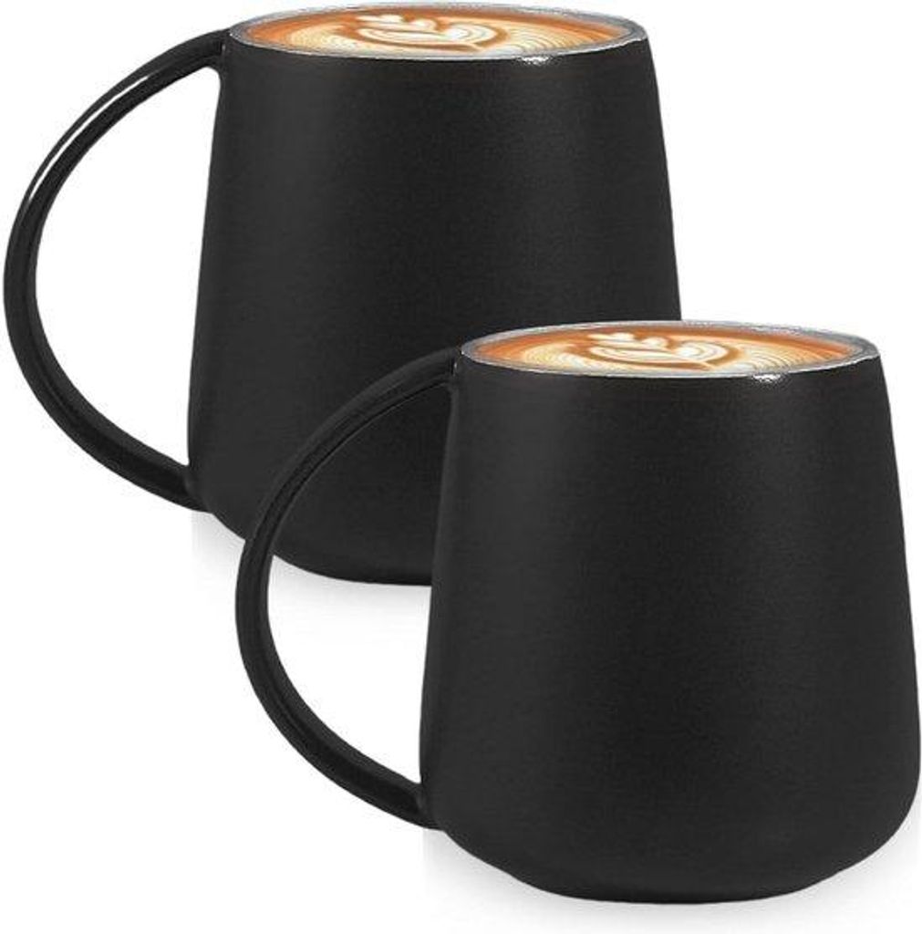 Keramische buikbeker set van 2 - 380 ml - Zwart met matte afwerking - Thee- en koffiekopjes mit Griff - Porzellan Kaffee- und Teebecher