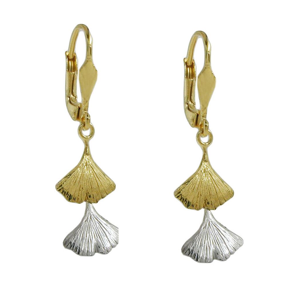 Ohrbrisur Ohrhänger Ohrringe 34x9mm Ginkgo-Blatt bicolor 9Kt GOLD gold 34x9mm