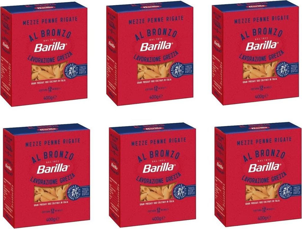 6x Barilla Mezze Penne Rigate al Bronzo Bronze Gezogene Pasta 400g Rohe Verarbeitungsmethode