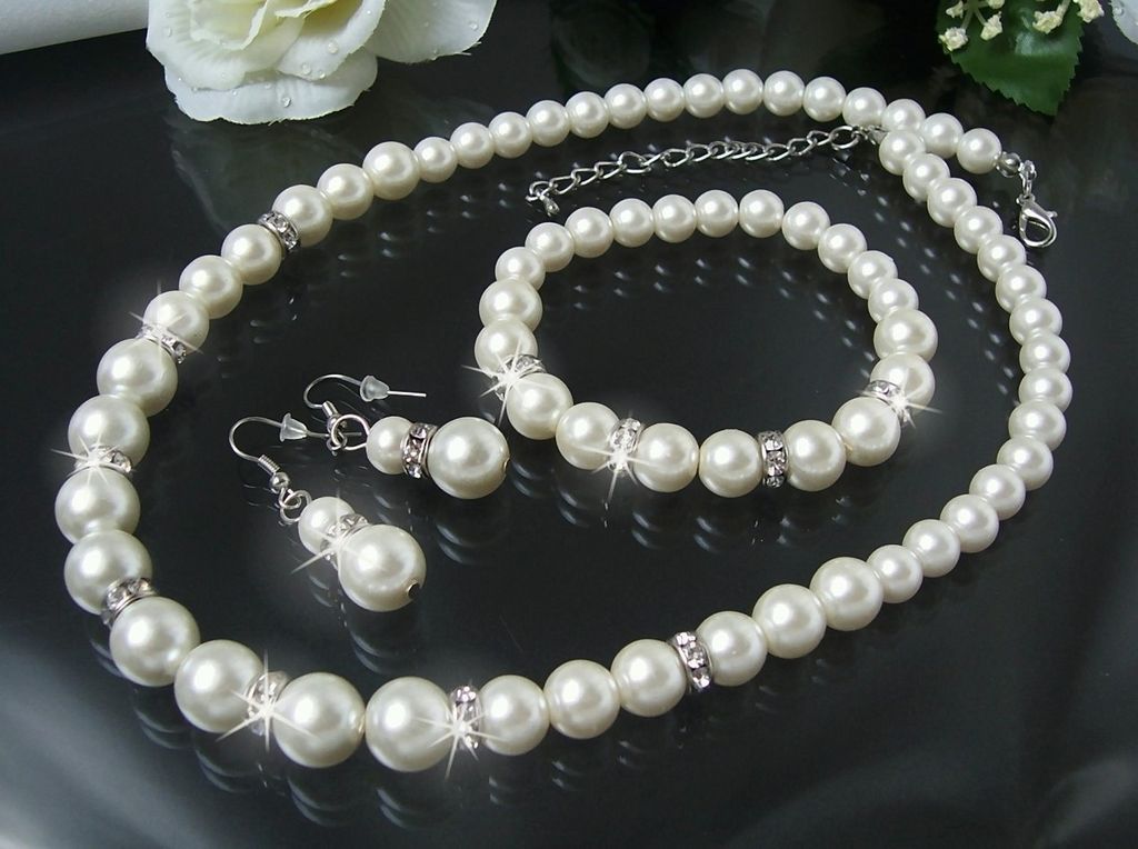 Perlencollier Kette Ohrringe silber plattiert Perlen weiß Schmuck Braut S1455 