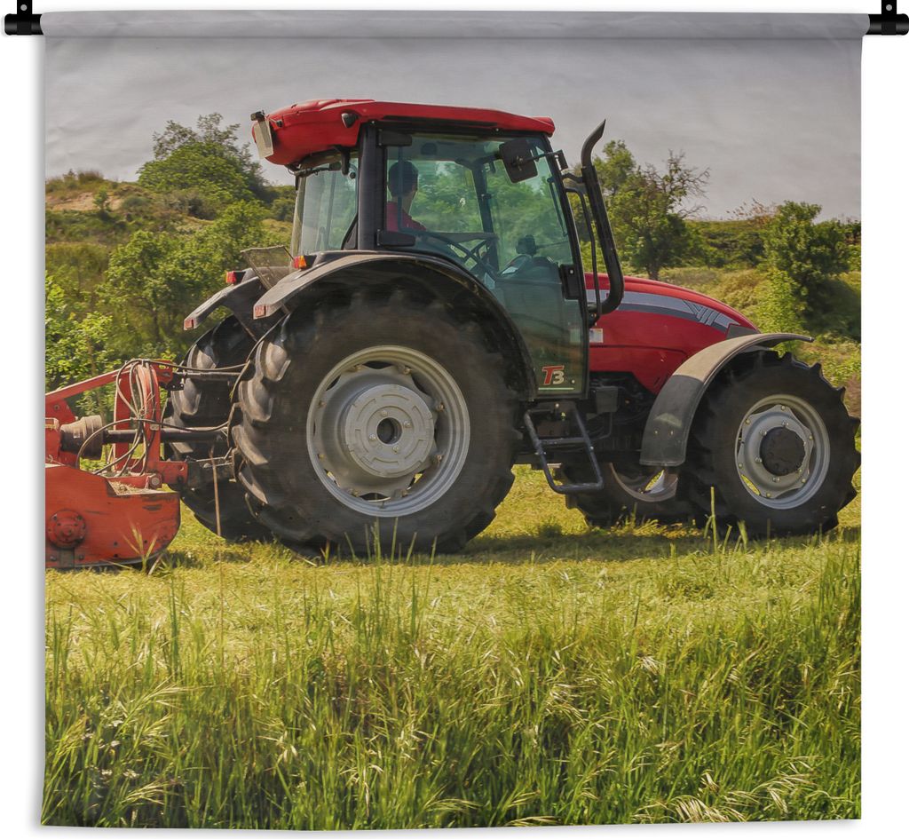 MuchoWow Wandteppich Wandbehang Traktor - Rot - Natur - Grün - Landleben 120x120 cm Tapisserie Dekoration Wandtuch - Modern - Baumwollgewebe
