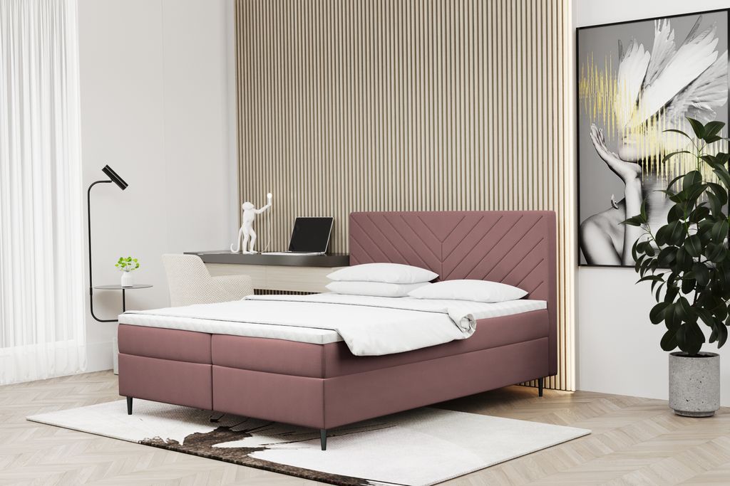 Kaiser Möbel Boxspringbett 180x200 mit bettkasten und matratze+topper, Schlafzimmerbett RUGIA Rosa