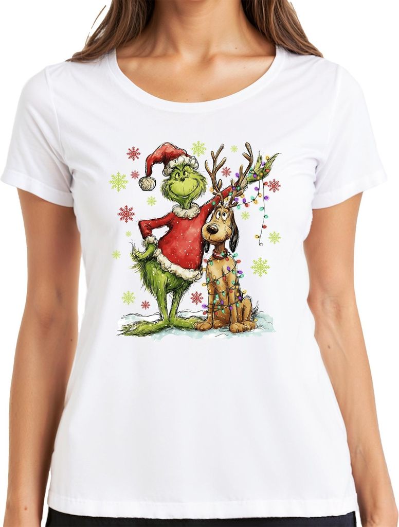 Grinch Weihnachten Rentier Lichterkette Schneeflocken Geschenk Damen T-Shirt, Weiß, M