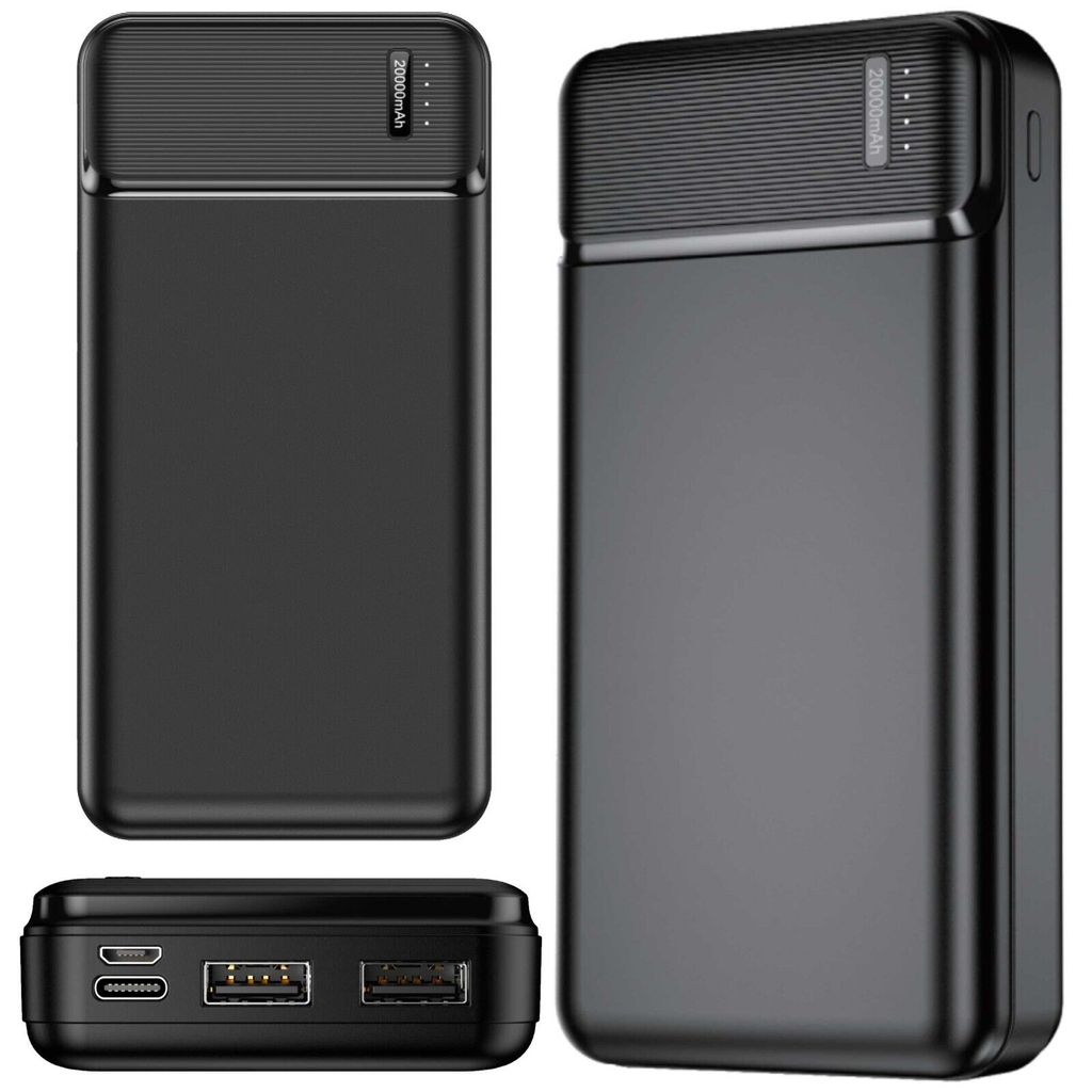 A product shot of a black power bank, shown from multiple angles.