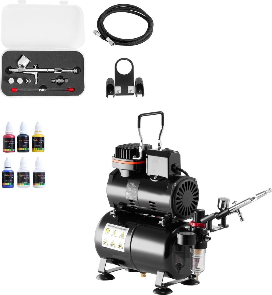 SucceBuy Airbrush-Set 1/6 PS mit Luftkompressor und Tank, Dual-Action Airbrush-Pistole mit drei Düsen (0,2/0,3/0,5 mm), Schlauch, Acrylfarben und ...