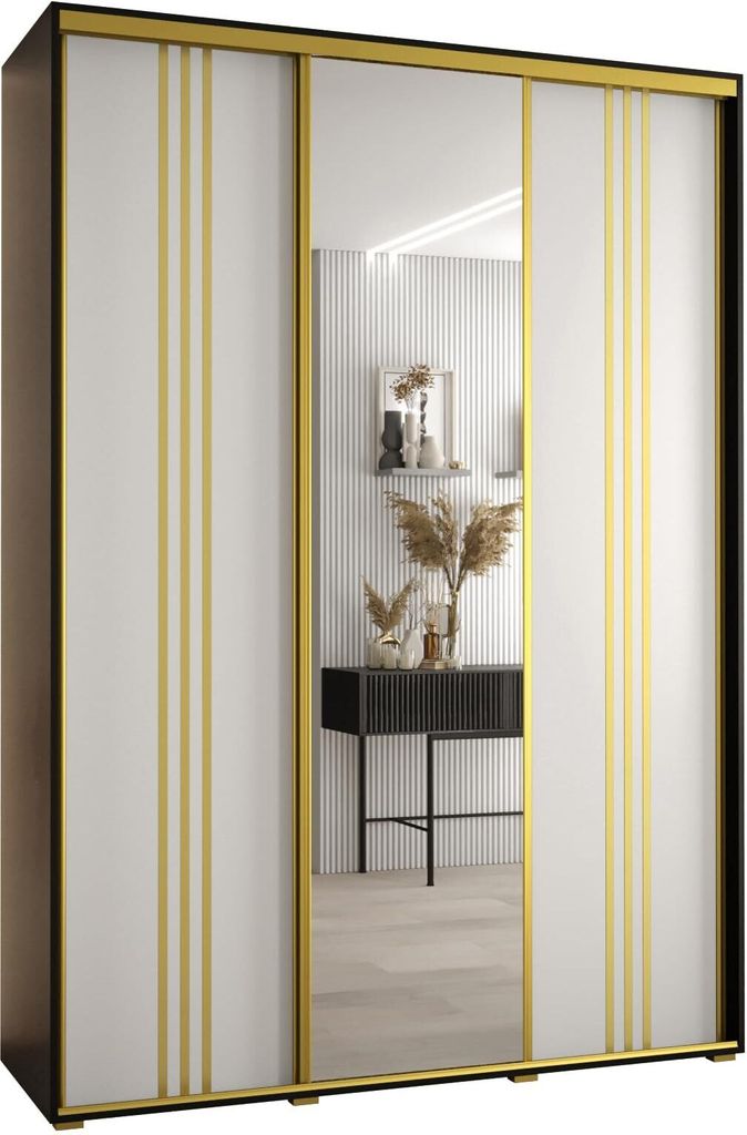 MEBLE KRYSPOL Cannes 7 Schrank mit 3 Schiebetüren - 205,2x170x45 cm - Schwarz Weiß Gold