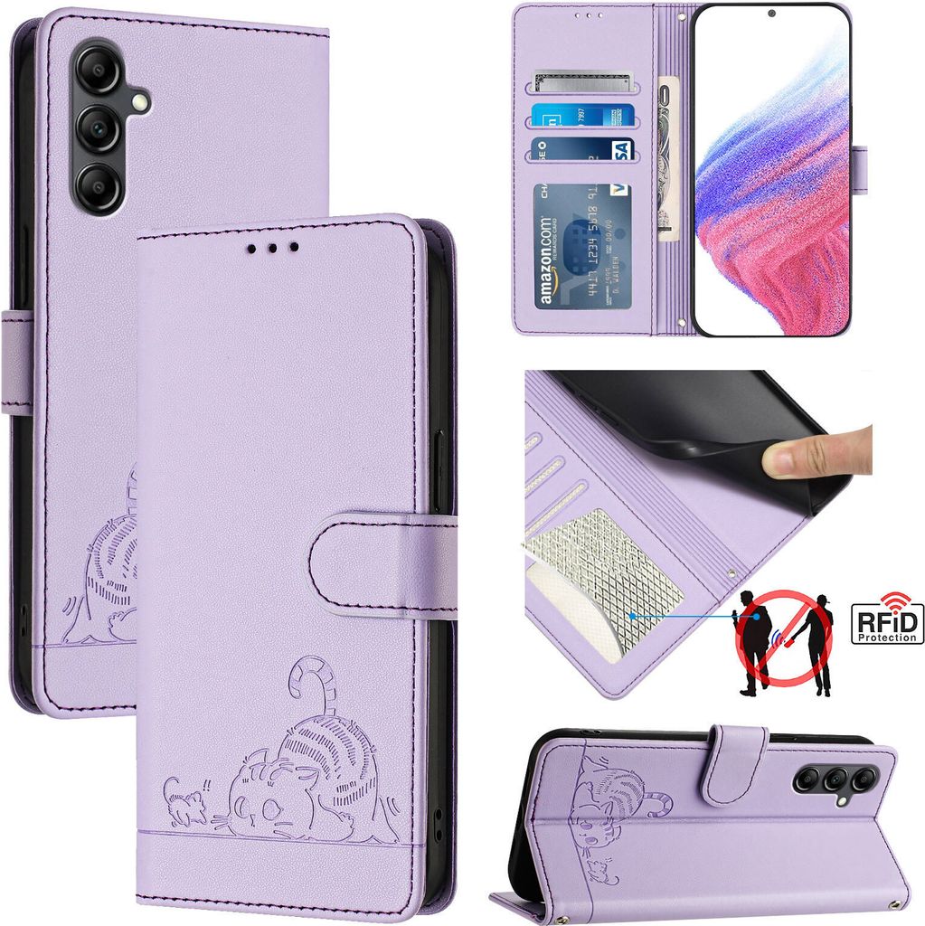 Leder Hülle für Samsung Galaxy A15 5G/4G Süße Katze Flip Case Brieftasche Schutzhülle mit Standfunktion Lila