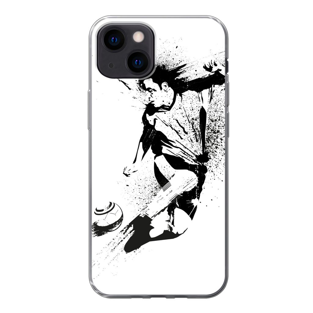 MuchoWow Handyhülle Schutzhülle Hülle für iPhone 13 mini Eine Illustration einer Person, die einen Fußball in Richtung Tor schießt - Jungen...